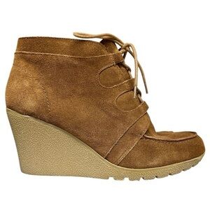 MIA Shoes Women 9.5 Brown Tan Suede Wedge Tie 70s Ankle Boot Chunky Platform